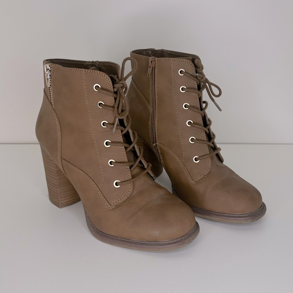 Call it Spring beautifull tan heeled  lace detail side zip booties Size 8.5